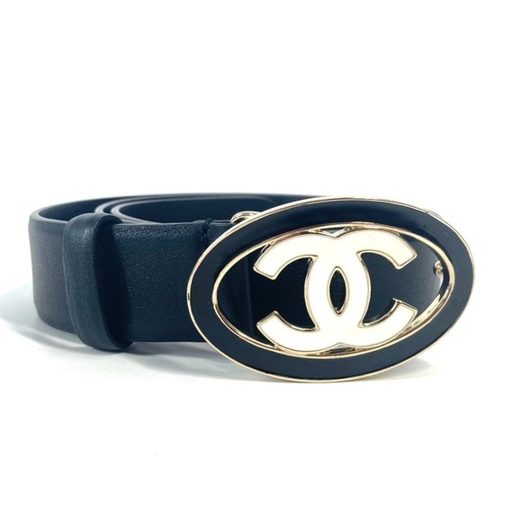 CHANEL B24A CC Coco Mark Round Accessory Buckle Belt Leather Women's Black Like - Picture 1 of 9